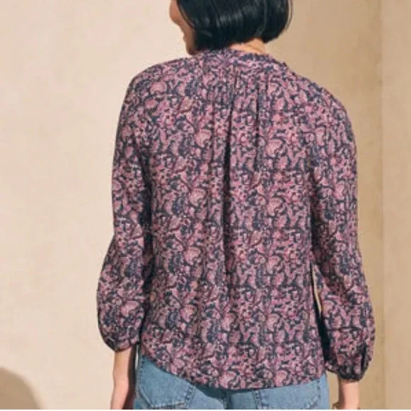 Faherty Portia Top with Fiona Black Floral Print Medium - Picture 2 of 6